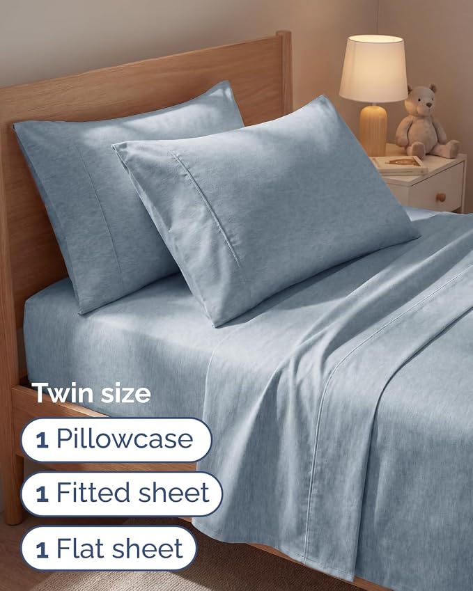 Twin 4 Piece Sheet Set - Comfy Breathable & Cooling - Soft Hotel Luxury Bedding Set with 8-16 Inch Deep Pockets - 1 Flat & 1 Fitted Sheet & 2 Pillowcases - Wrinkle Free & Easy Care - Heathered Blue