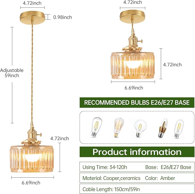 Shenmoyl Battery Operated Pendant Light 5000mAh Rechargeable Chandelier with Remote Control Wireless Adjustable Hanging Amber Striped Light for Kitchen Island Dining Room Hallway
