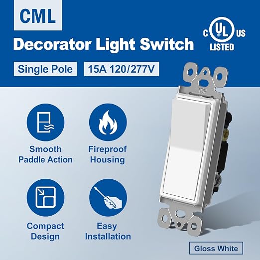 (50 Pack) CML Decorator Wall Light Switch, Single Pole Switch, 15A 120/277V, 3-Year Warranty, White