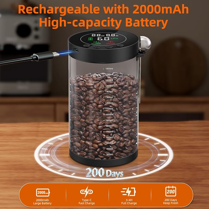Electric Vacuum Coffee Canister, 2.0L Glass Airtight Food Storage Containers with Smart Pressure Sensor, Automatic Coffee Bean Container Rechargeable with LED Display Window for Kitchen Food Storage