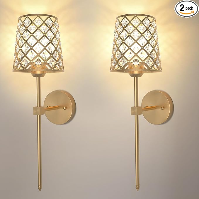 Crystal Battery Operated Wall Sconces Set of 2, Gold Rechargeable Wireless Wall Sconce Lights for Home Decor, Dimmable 12 RGB and 3CCT Wall Lamps with Remote for Living Room Bedroom Hallway