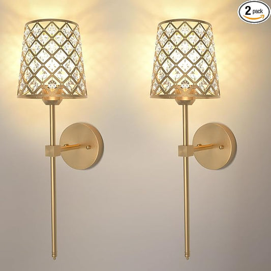 Crystal Battery Operated Wall Sconces Set of 2, Gold Rechargeable Wireless Wall Sconce Lights for Home Decor, Dimmable 12 RGB and 3CCT Wall Lamps with Remote for Living Room Bedroom Hallway