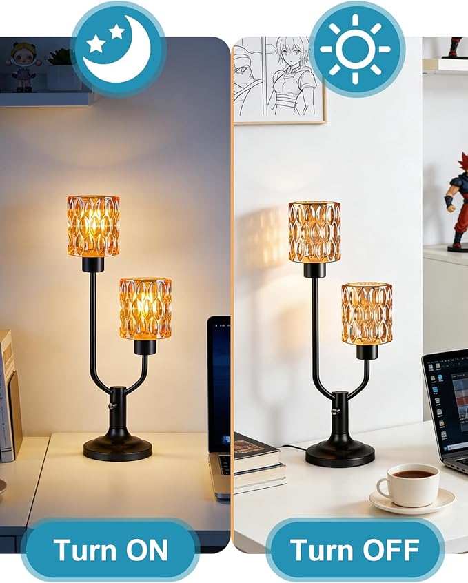 Lightdot Vintage Table Lamp for Bedroom Dimmable Nightstand Lamp Mid Century Modern Amber Glass Black Desk Lamp 2 Bulbs Included Warmwhite Ambient Bedside Lamps for Living Room Home Office Decor Gift