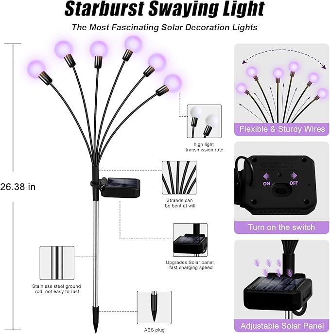 NBQQ Solar Garden Lights Outdoor, Waterproof Solar Powered Lights for Yard Pathway Patio, Swaying Lawn Decor as Gardening Gifts for Women Holiday (Purple, 4 Pack)