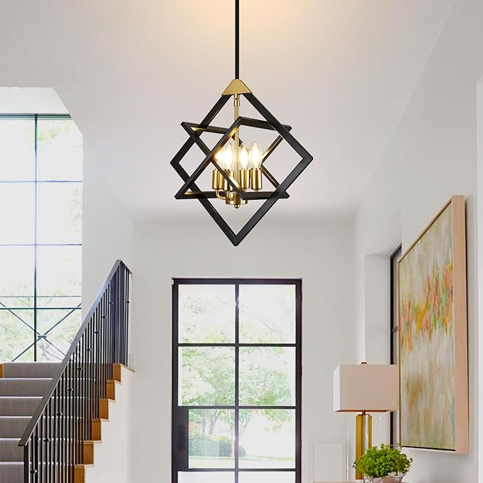 18" Modern Black and Gold Chandelier, No Assembly Required 4-Light Dining Room Light Fixture Over Table, Industrial Metal Hanging Pendant Lights Fixture for Kitchen Island, Entryway, Foyer