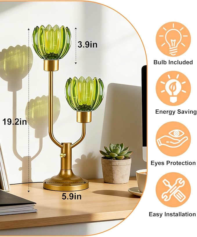 Lightdot Green Glass Flower Table Lamp for Bedroom Dimmable Nightstand Lamp Mid Century Modern Vintage Gold Desk Lamp 2 Bulbs Included Warmwhite Ambient Bedside Lamp for Living Room Home Office Decor