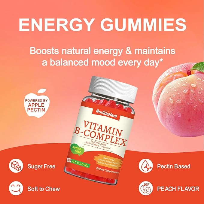 Gummies Vitamines B Complexe pour Femmes et Hommes - Vitamines B12, B1, B2, B3, B5, B6, B7 & B9 - Complexe B avec Vitamine C & Choline - Soutien Énergétique & Immunitaire* - Vegan, Sans Sucre, Arôme Pêche - 60 Gummies