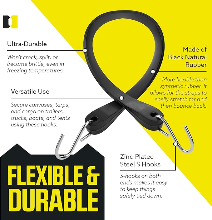Pack of 50 Tarp Straps, 41" Long Natural Rubber Bungee Cord Tie-Downs Ideal for Securing Tarps, Canvases, Cargo in Cold Climates. Trailer Tie-Downs w/ Metal S-Hooks, by DC Cargo Mall.