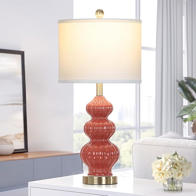 26" Triple Gourd Ceramic Table Lamps Set of 2,Modern Orange Bedside Lamps USB A+C Ports & AC Outlet -Ceramic Nightstand Lamps for Bedroom, 3 Way Touch Control Contemporary Living Room End Tables
