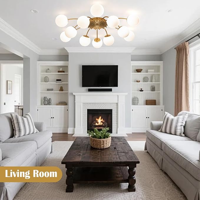 12-Light Milk Glass Pendant Light, 40" Sputnik Bubble Glass Chandelier Light Fixture, Hand Blown Semi Flush Mount Ceiling Chandeliers Lighting for Dining Room, Living Room (Gold, 12-Light Ceiling)