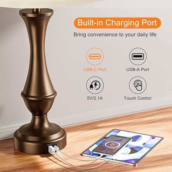 Seealle Upgraded Touch Lamps for Night Stands Set of 2 - Bedside Lamps with USB C+A, 3 Way Dimmable for Bedroom Living Room End Tables Office (Tall Oat&Brown)