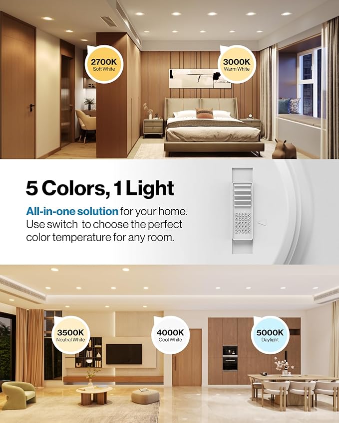 Sunco 6 Pack LED Recessed Lighting 6 Inch, Retrofit Can Lights, 965LM, 13W (100W Equivalent), Selectable CCT 2700K/3000K/3500K/4000K/5000K, Dimmable, Baffle Trim, Damp Rated UL