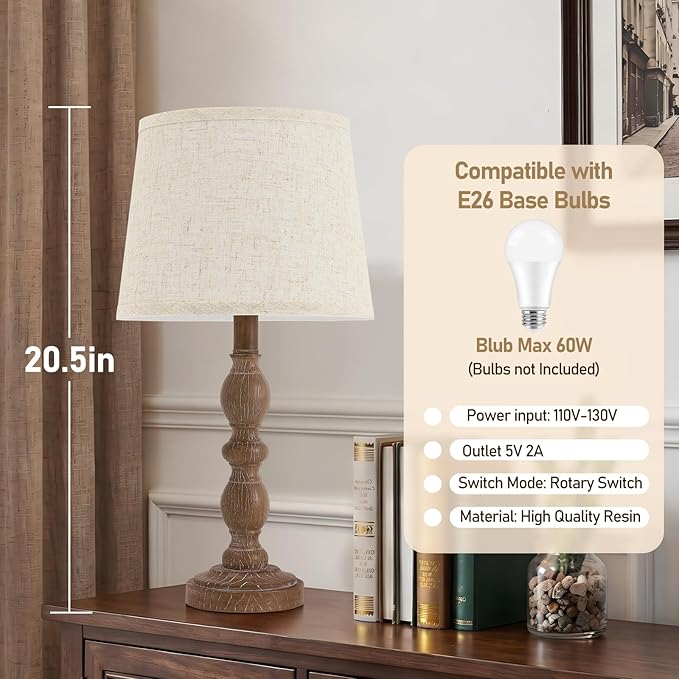 GyroVu 20.5" Table Lamps for Nightstand Set of 2, Farmhouse Lamps for Bedroom, Small Desk Lamps for Living Room, Linen Shades, Knob Switch, Bedside Lamps for Reading, Office (Dark Brown)