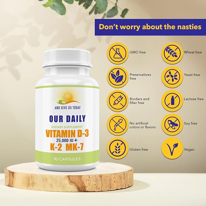 Our Daily Vites Vitamine D-3 25 000 UI + K2 - D3 hautement concentrée avec vitamine K pour le soutien des os, de l'immunité, de l'humeur et du système cardiovasculaire