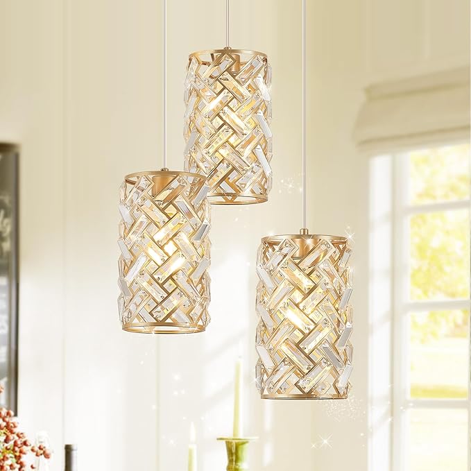 CATINER 3-Light Modern Gold Crystal Pendant Light Luxury Mini Chandelier, Adjustable Cluster Pendant Lighting for Kitchen Island Dinning Room Bedroom Hallway Porch