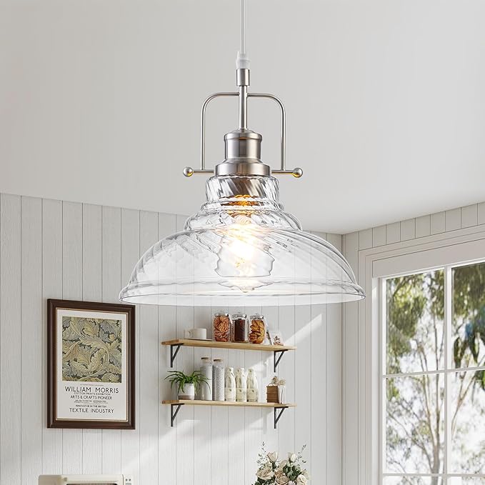 WILON Brushed Nickel Striped Glass Chandelier Pendant Lights Kitchen Island Lighting, Modern Hanging Lamp for Sink Dining Room Over Table Hallway Entryway Bar Foyer Bathroom