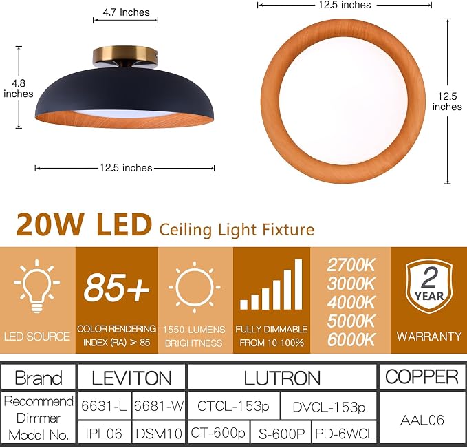 Bargeni Flush Mount Ceiling Light, Mid Century Black Wood Ceiling Light | 12.5" selectable 2700K-6000K, smooth dimming, matte black finish with wood accent, ideal for hallway, bedroom and kitchen
