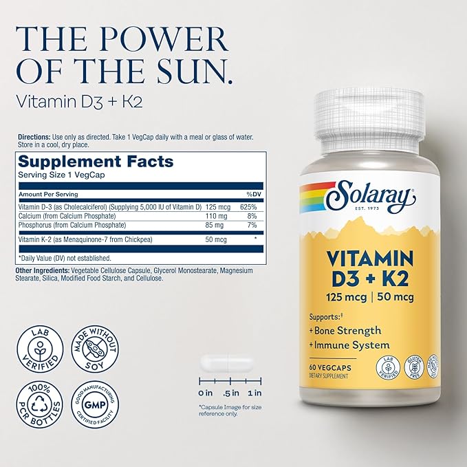 SOLARAY Vitamin D3 K2 - Bone Health and Immune Support Supplement - with 5000 IU Vitamin D as VIT D3 and 50 mcg Vitamin K2 as Menoquinone MK7, Made Without Soy, 60-Day Guarantee, 60 Serv, 60 VegCaps