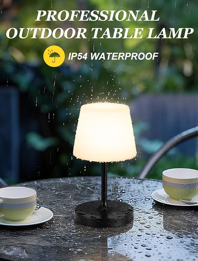 Kakanuo Black Cordless Shower Lamp Waterproof, Rechargeable Cordless Lamp with 4000mAh Battery, Touch Dimmable Table Lamp for Outdoor, Kitchen, Bathroom, Camping, Patio, IP54