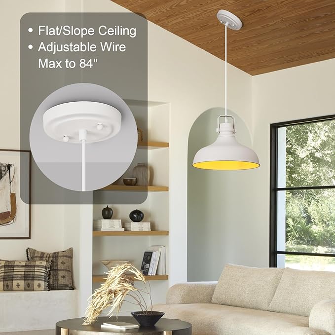 White Farmhouse Pendant Lights Matte Pendant Lighting for Kitchen Island Industrial Adjustable Height Vintage Dome Hanging Light Fixtures for Barn, Dining Room 3 Packs JF2113-P3-W