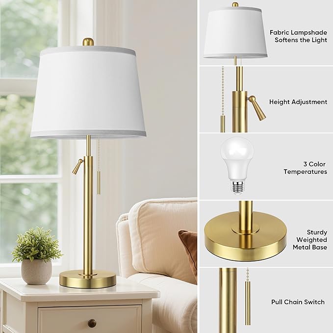 Tall Table Lamps Set of 2, Modern Gold Table Lamps with White Shade for Living Room, Height Adjustable Nightstand Lamps for Bedroom, 3 Color Temperature Beside Lamps with Pull Chain(Bulbs Included)
