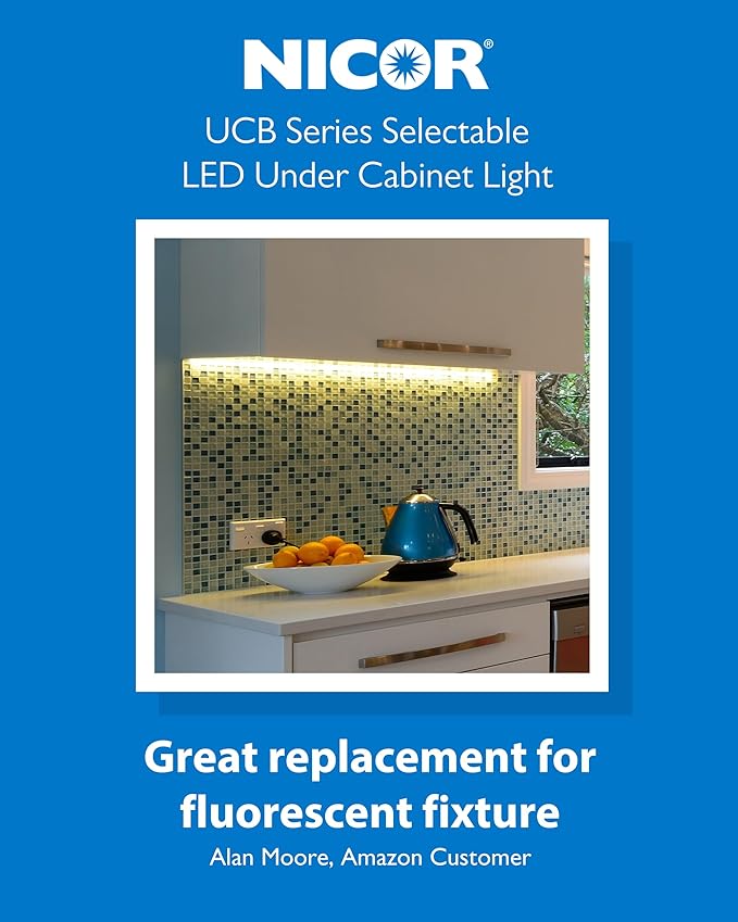 24” LED Direct Wire Under Cabinet Light with On/Off Switch - Dimmable LED Lights for Kitchen - Selectable CCT 2700K-5000K, 612-648 Lumens, 9W - UCB Hardwired Under Cabinet Lighting by NICOR Lighting