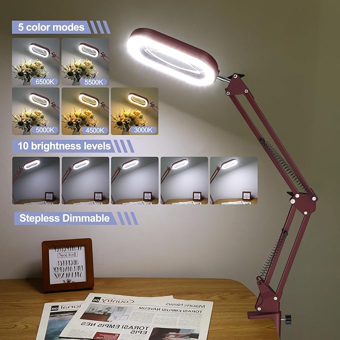 Drdefi 10X Square Magnifying Glass with Light and Stand, Real Glass LED Lighted Magnifier, 5 Color Modes Stepless Dimmable, Hands-Free Mag Desk Lamp with Clamp for Reading Craft Hobby Close Work Red