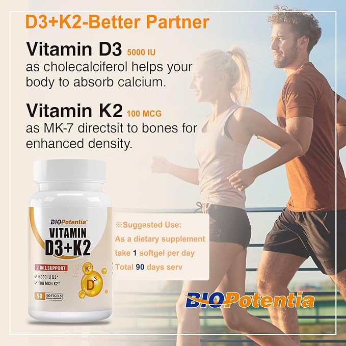 Complément de Vitamine D3 K2 (MK7) en Gélules, Vitamine D3 5000 UI & K2 100 µg avec Huile MCT, Soutien Immunitaire, Santé des Os & Dents, Sans Gluten, Non-OGM | 90 Gélules
