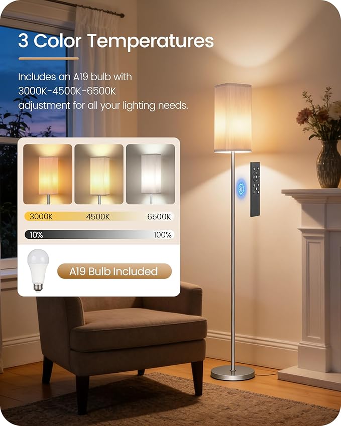 64.2''Dimmable Floor Lamp for Living Room with Remote and Foot Switch, Corner Floor Lamp for Bedroom, Includes 10W A19 Bulb, Modern Standing Tall Lamp, ETL Listed, Silver and White SCW17LD05