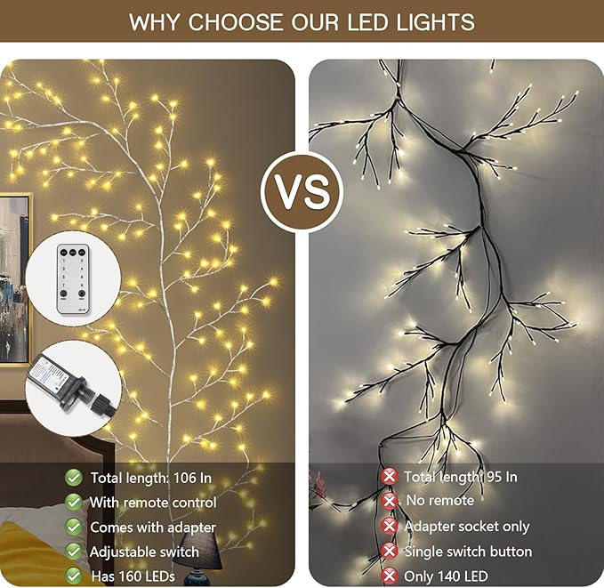 160LED Plug-In Vine Lights With Remote - Indoor Artificial Plants Flowers Tree Willow Decor for Walls, Bedroom, Living Room, Kitchen, Coffee Shop - Warm White (White)