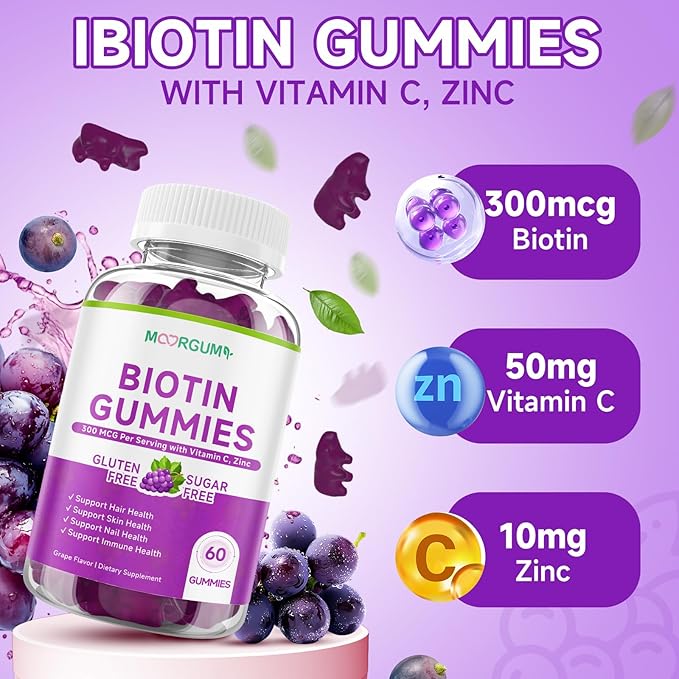 Sugar Free Biotin Hair, Skin & Nails Gummies, Supports Healthy Hair, Skin and Stronger Nails, with Vitamin C, Zinc Chewable Vitamin B7 Supplements for Women & Men, Vegan, Non-GMO, Grape, 120 Count