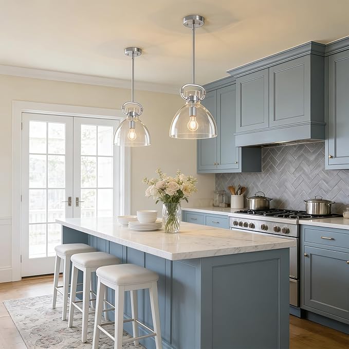 9.8'' Brushed Nickel Kitchen Pendant Lighting Over Island, Modern Pendant Lights Fixture,1-Light Adjustable Glass Pendant Lights for Kitchen Island Dining Room Bedroom E26