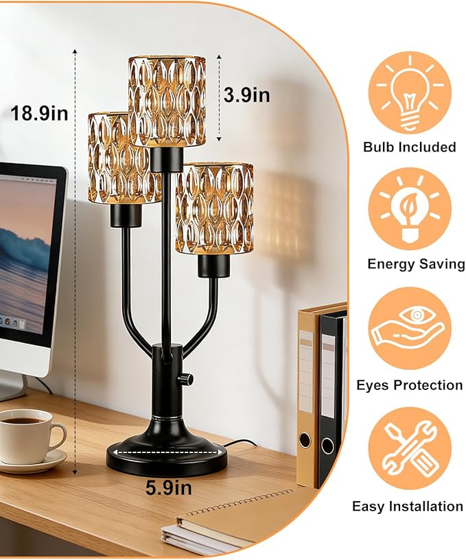 Mid Century Modern Table Lamp for Living Room Dimmable Nightstand Lamp Vintage Black Desk Lamp with Brown Glass 3 Bulbs Included Warmwhite Ambient Bedside Lamps for Bedroom Office Home Decor
