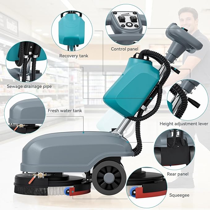 C3 15" Walk-Behind Commercial Floor Scrubber Machine, 500W Motor | 6 Gal Recovery Tank | 23" Suction Width | Brush Speed 200 RPM | 24,000 Sqft/h Coverage | Complete Set of Parts.