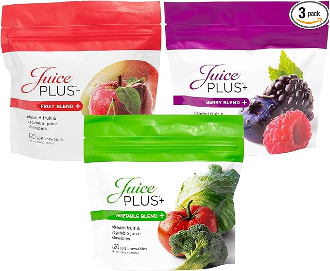 JuicePlus+ フルーツ、ベジタブル & ベリーブレンド ソフトチュアブル（チュアブル） - 植物由来成分30種類配合！ ヴィーガン向けグミ（子供＆大人用） - グルテンフリー、非遺伝子組み換え、高果糖コーンシロップ不使用 - 3袋入り（各30チュアブル）