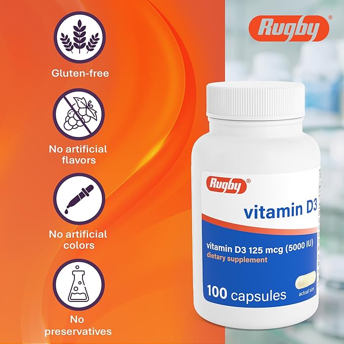 Rugby Vitamin D3 5,000 IU (125 mcg) - Vitamin D Dietary Supplement for Bone, Teeth, and Immune Health, 100 Capsules