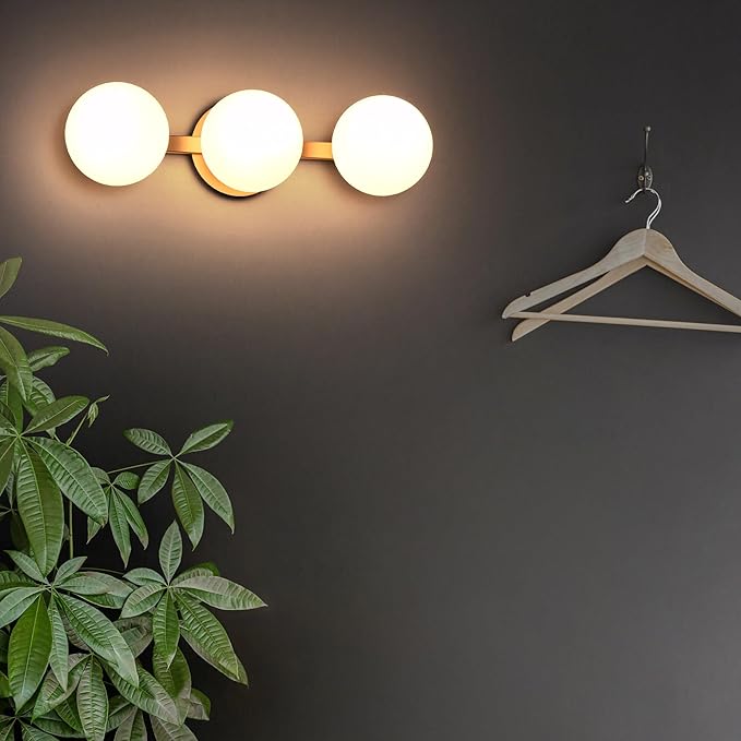 Bathroom Vanity Light Fixtures, Modern 3 Lights Globe Wall Sconce Lighting Aged Brass, Porch Wall Mount Light Fixture for Bathroom, Mirror Cabinets Hallway Stairs