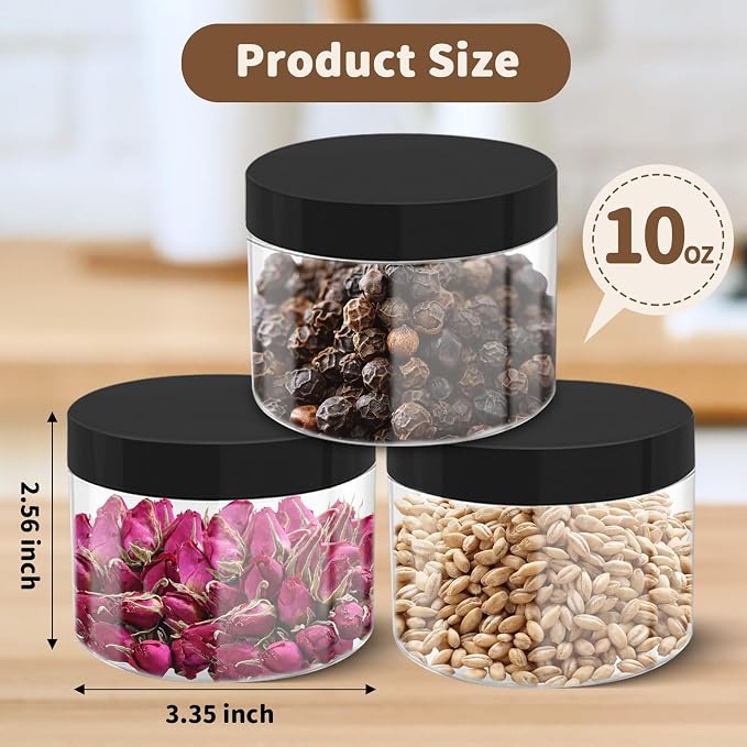 50 Pcs 10 Oz Plastic Jars with Lids Containers Storage Airtight Wide Mouth Food Jar Clear Cylinder Container for Grocery Kitchen Dry Food Butter Honey