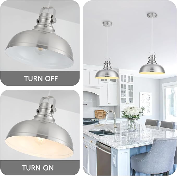 Refice Brushed Nikcel Farmhouse Pendant Lights Industrial Pendant Lighting for Kitchen Island Adjustable Height Dome Hanging Lights for Barn, Dining Room 2 Packs