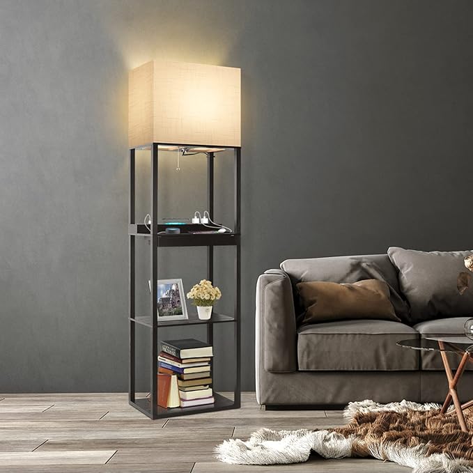 RUNTOP Plus Charging Station Floor Lamp with Wireless Charger, 2 USB-C Port, 2 Power Outlet, Floor Lamp with Shelves, 15W LED Bulb, 3 Colors, Memory Function, Standing Lamp for Living Room Bedroom