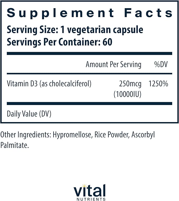 Vital Nutrients ビタミンD 10000 IU - ビタミンD3サプリメント - 健康な骨、歯、筋肉* - 細胞および免疫機能 - カルシウム吸収 - グルテン、乳製品、大豆不使用 - 60カプセル