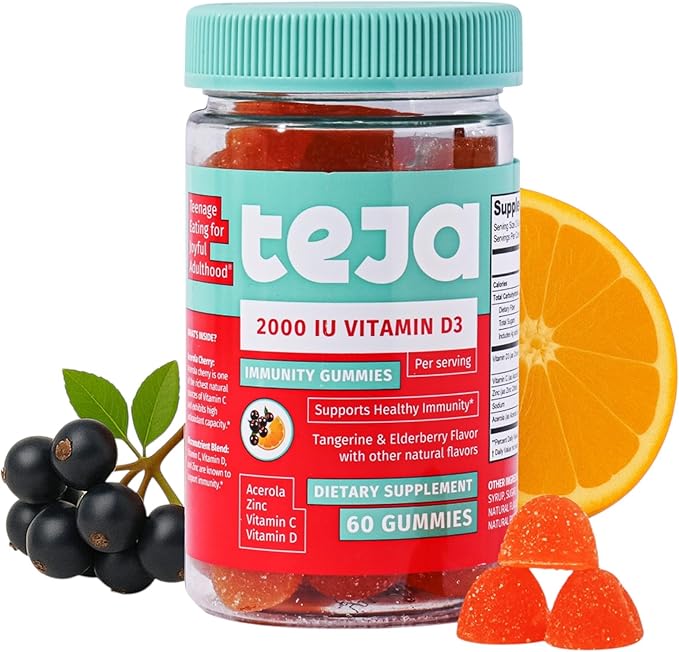 Gummies de soutien immunitaire TEJA pour adolescents avec vitamine D 2000 UI, VIT C, Zinc et Acérola. Supplément à faible teneur en sucre, Multivitamine quotidienne pour l'immunité des adolescents de 12 à 17 ans et des adultes. 60 Gummies