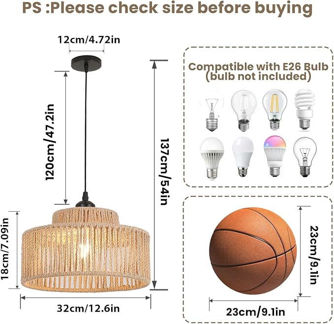 Rattan Pendant Light Set of Two,12.6 Inch Boho Kitchen Island light Fixtures,Handmade Woven Hanging Lamp,Wicker Small Chandelier,Coastal Hanging Lights for Bedroom Kitchen Restaurant Hallway Foyer