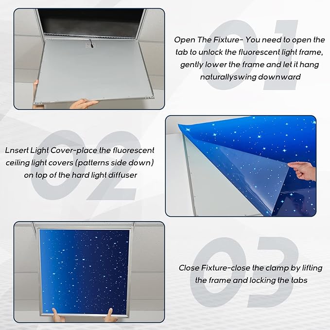 Amylove 4 Pcs Fluorescent Ceiling Light Covers with Star and Night Pattern, Classroom, Dark Color