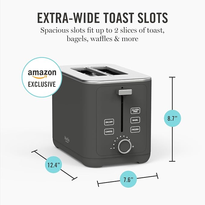 Martha Stewart 2 Slice Toaster, 10 Shade Settings with Defrost, Cancel, Bagel & Gluten-Free, Extra-Wide Self-Centering Slots for Waffles & Artisan Bread, Removable Crumb Tray, Cord Wrap, Caviar Gray