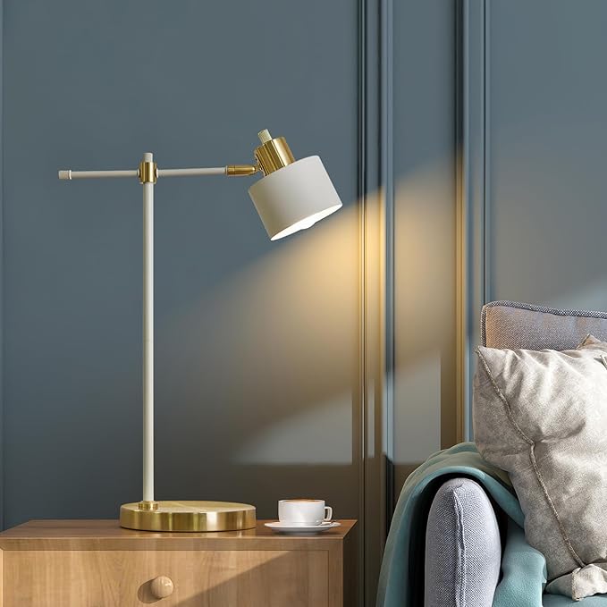 OYEARS 22.2" Modern Desk Lamp, Metal Table Lamp with LED Bulb, Adjustable Reading Lamps for Living Room, Mid Century Task Lamp for Home Office, Industrial Bedside Lamps, Cream and Gold