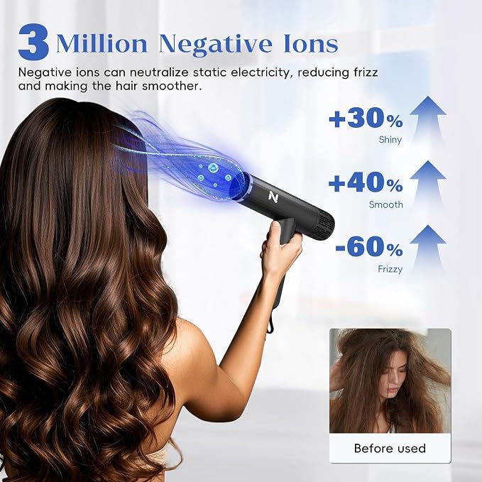 Natrial Ionic Professional Hair Dryer with Diffuser for Curly Hair,1600W&110000RPM High Speed Blow Dryer for Women,Fast Drying,Lock Function,Low Noise,Lightweight for Home Travel Salon,Mid Gray