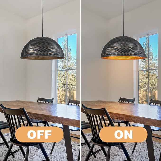 Lingkai 15.7 in. Black and Gold Hammered Pendant Light Fixtures, Industrial Metal Dome Shade, Pendant Lights Kitchen Island, Pendant Light for Kitchen Island and Dining Room