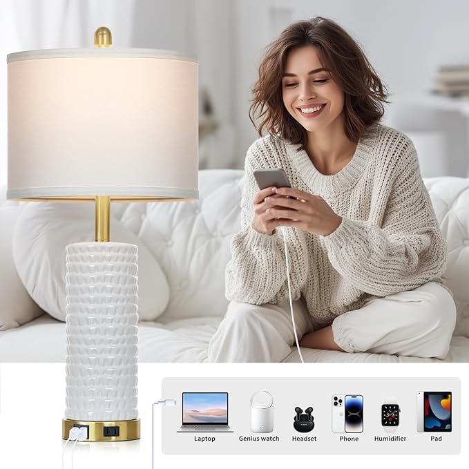 Cinyirong 26" White Table Lamps for Living Room Set of 2, Ceramic Bedroom Lamps for Nightstands, Modern Bedside Lamps for Bedroom Living Room, Nightstand Lamps for End Table, Hallway, Gold and White