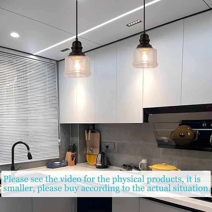WILON Industrial Pendant Light, 4'' Black Seeded Glass, Farmhouse Kitchen Island Lighting, Adjustable Ceiling Light for Dining Room, E26 Bulb Base, Dimmable